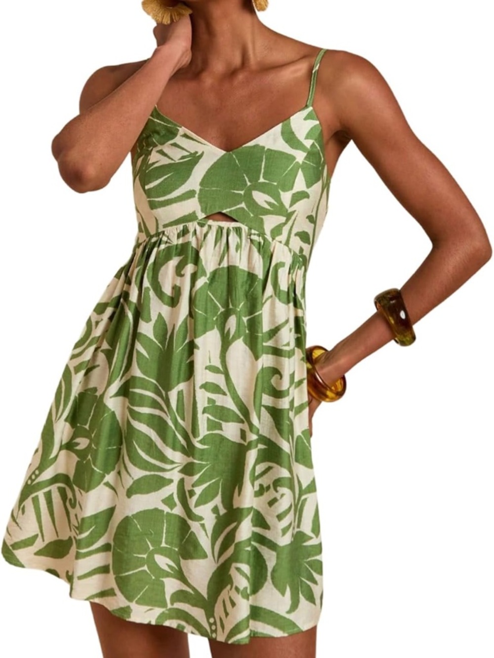 Green Tropical Print Spaghetti Strap Mini Dress- SMALL - Picture 2 of 7